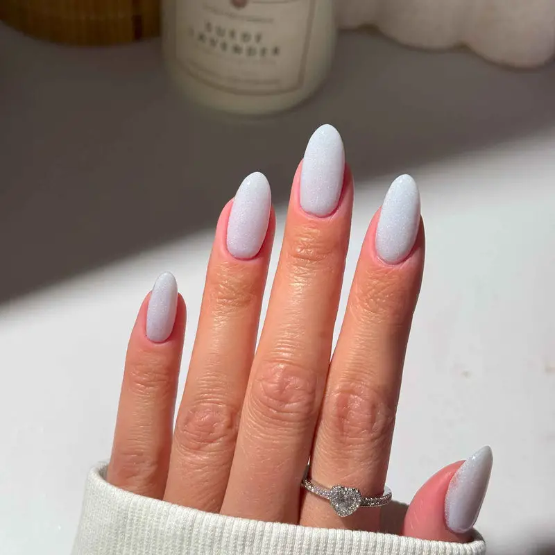 Matte Off-White Icy Shimmer Oval — Winter Dip Powder Nails