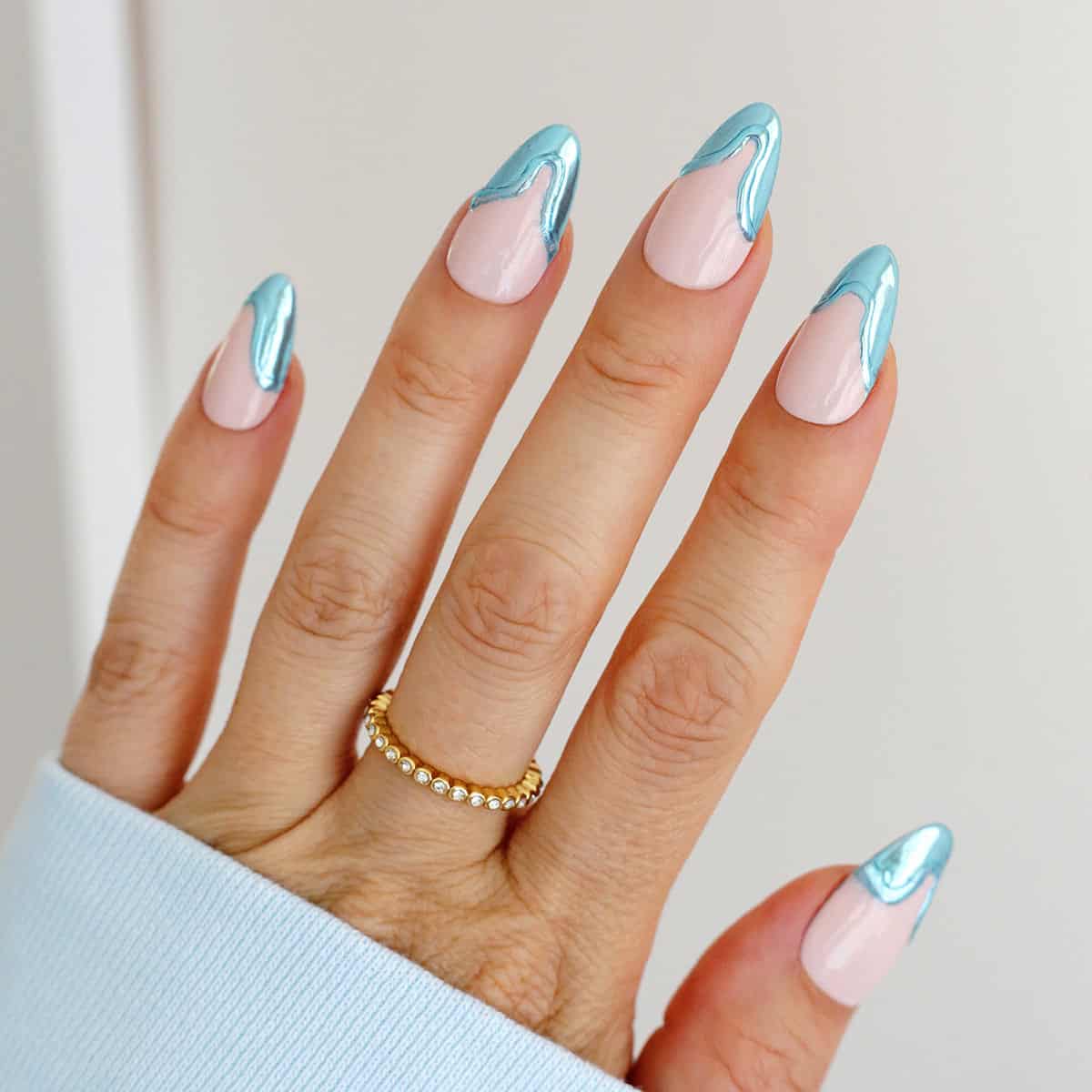 Metallic Blue Wavy French Tips Metallic Blue Wavy French Tips — Winter Chrome Nails