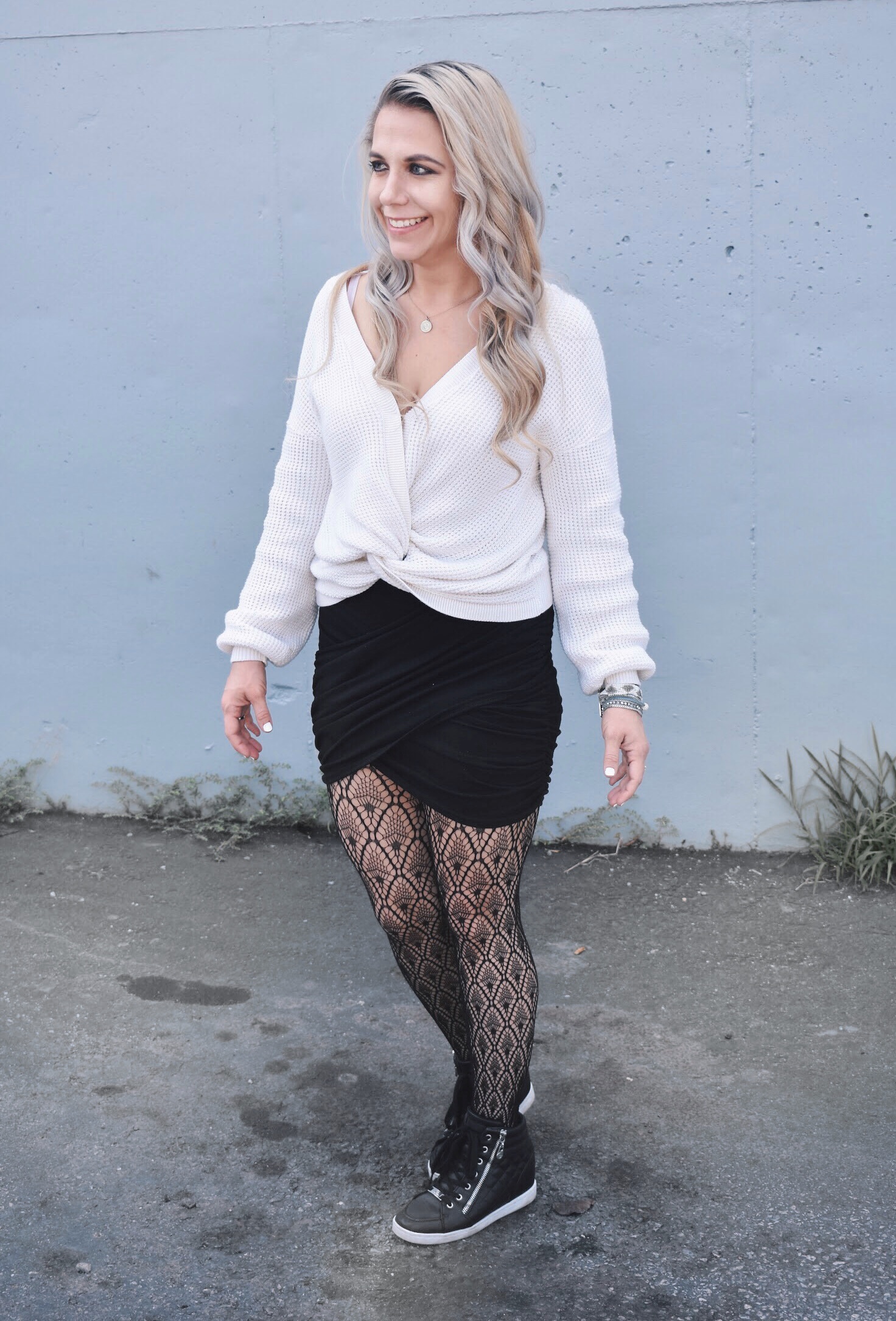 Patterned Black Tights with Sweater and Mini Skirt — Tights Outfits