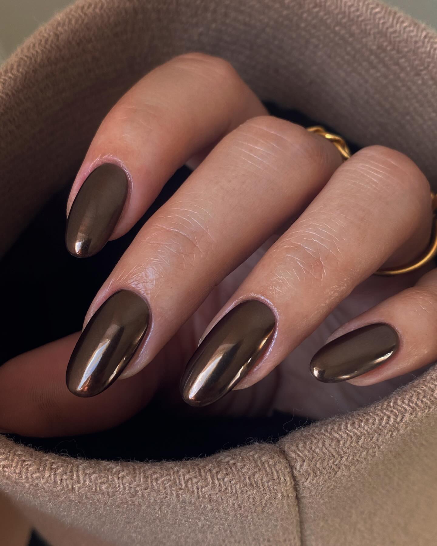 Long Oval Chrome in Deep Brown — Brown Nail Designs