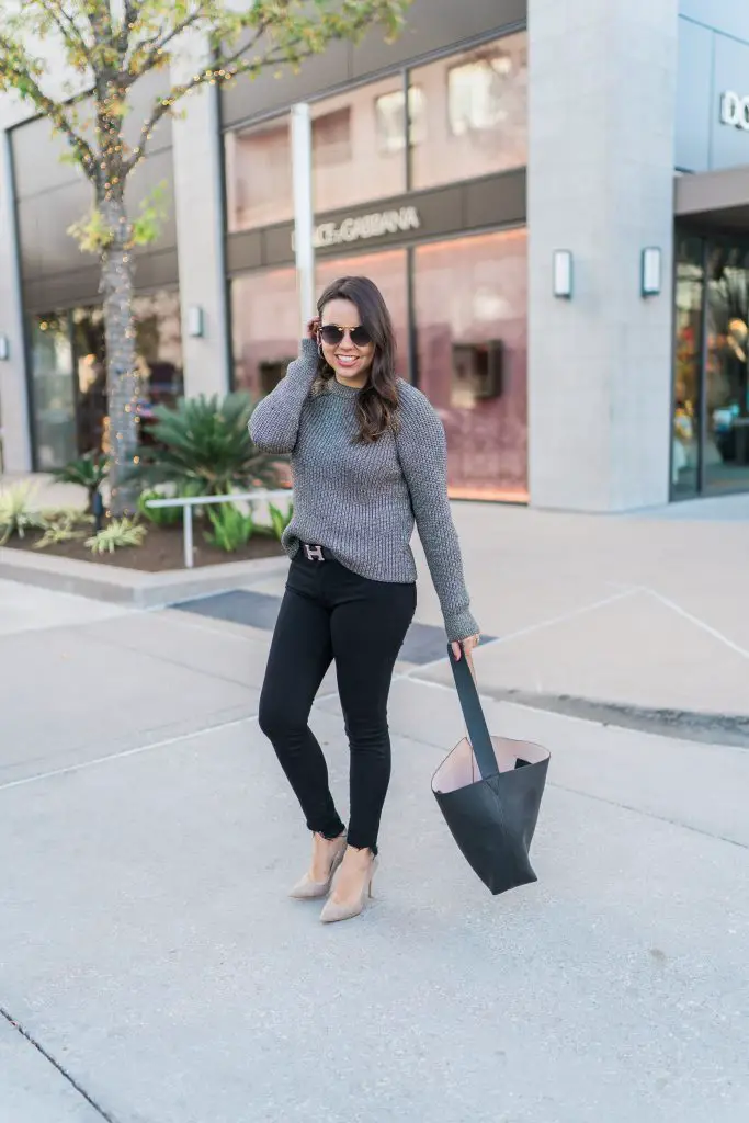 Grey Knit Sweater with Black Skinny Jeans and Nude Heels — Neutral Winter Outfits