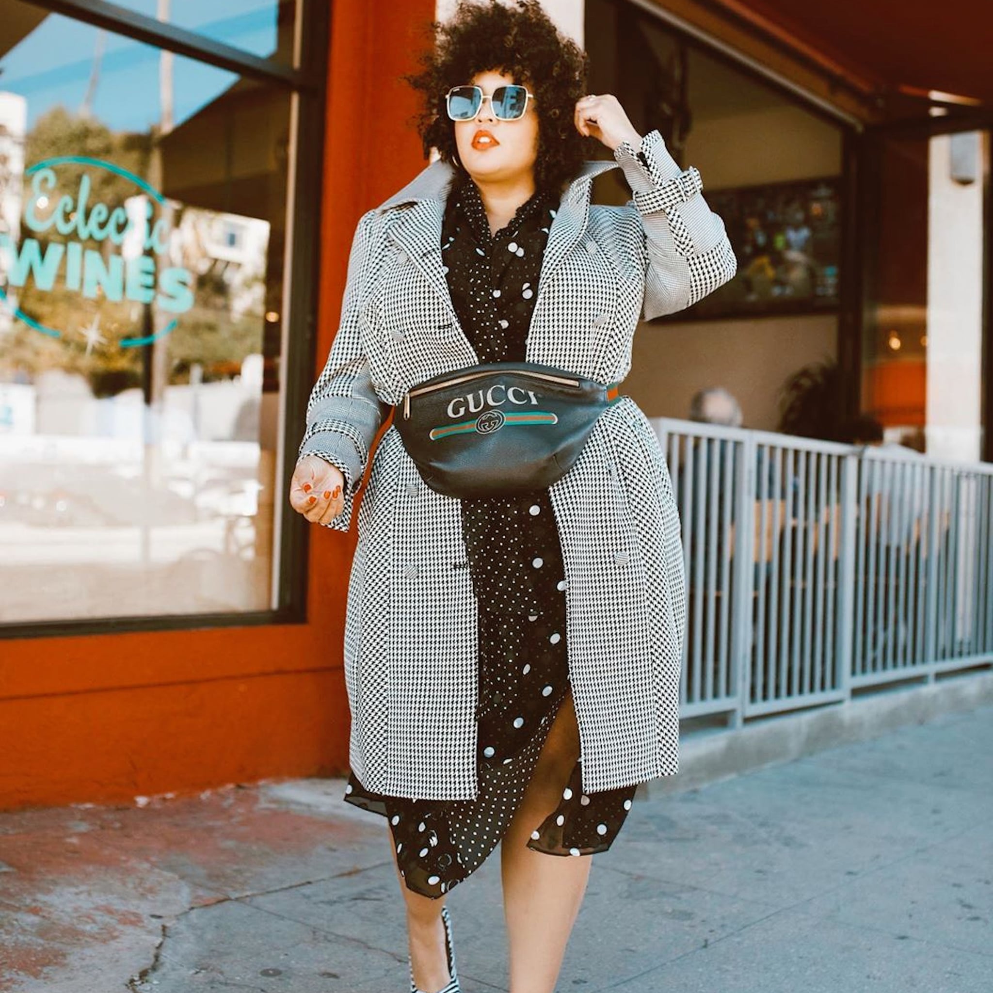 Checked Trench Coat Over Polka Dot Dress Ensemble Checked Trench Coat Over Polka Dot Dress Ensemble — Winter Outfits for Plus Size Women