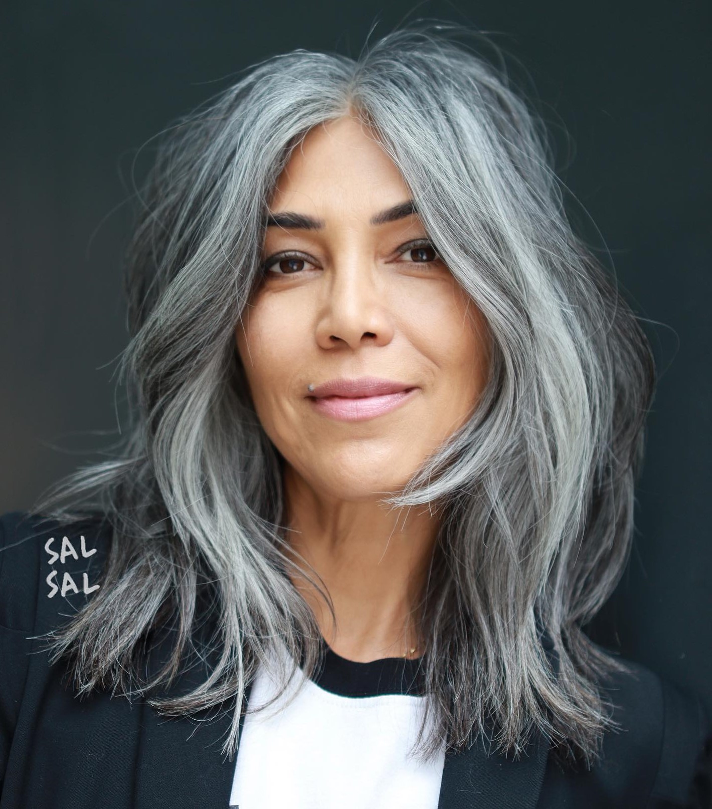Long Shag With Silver Streaks Long Shag With Silver Streaks — Winter Hairstyles for Gray Hair