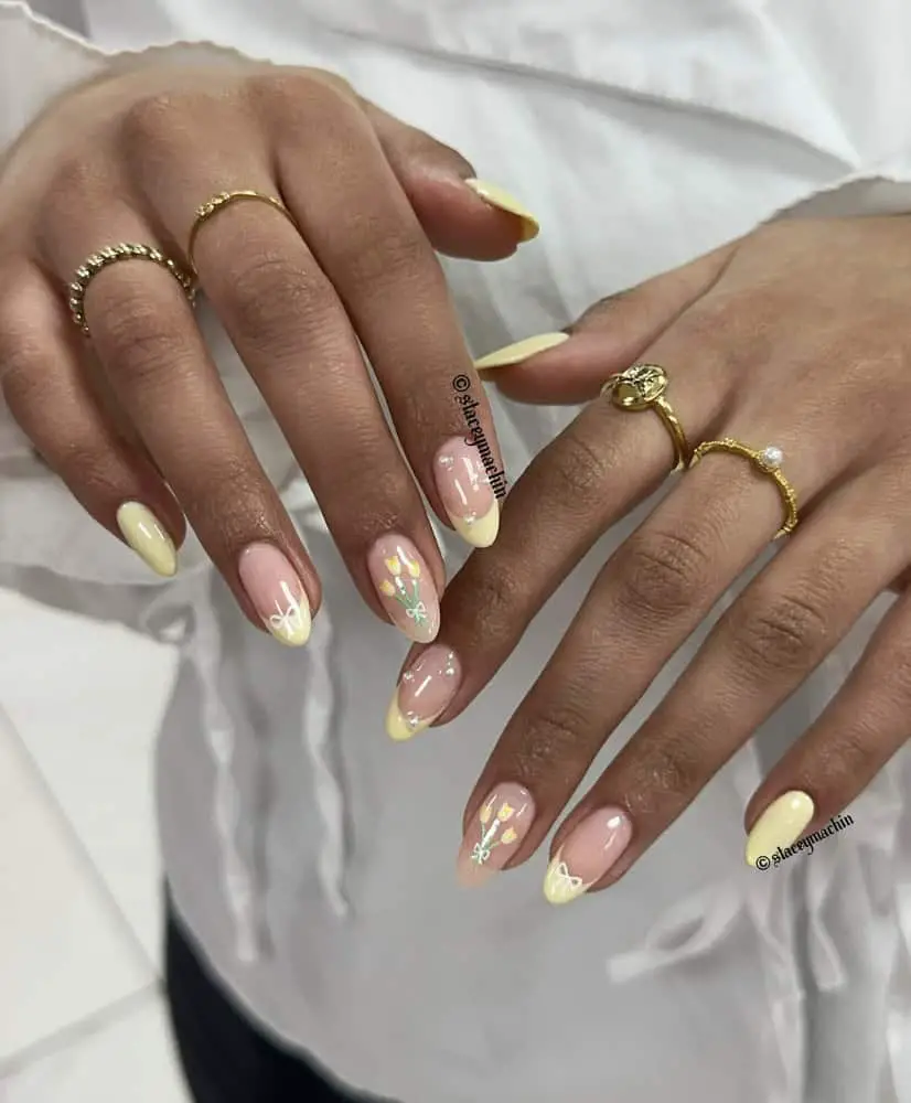 Medium Almond Yellow French with Bows Medium Almond Yellow French with Bows — Yellow Nail Designs
