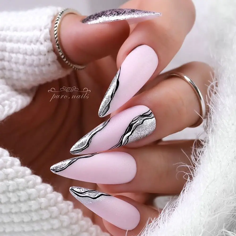 Pale Pink Matte Silver Lines Stilettos Pale Pink Matte Silver Lines Stilettos — Long Winter Nails