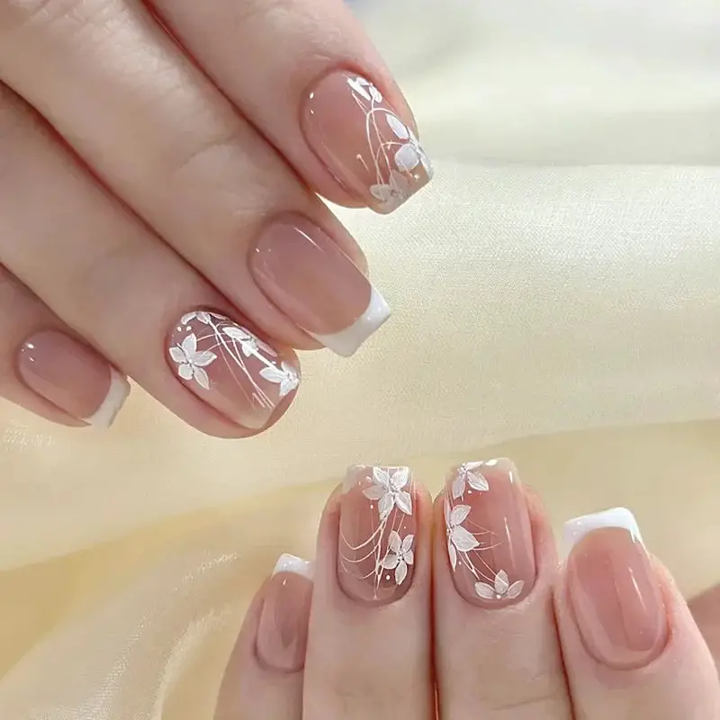 Short Square White French with Floral Vines Short Square White French with Floral Vines — French Nail Designs