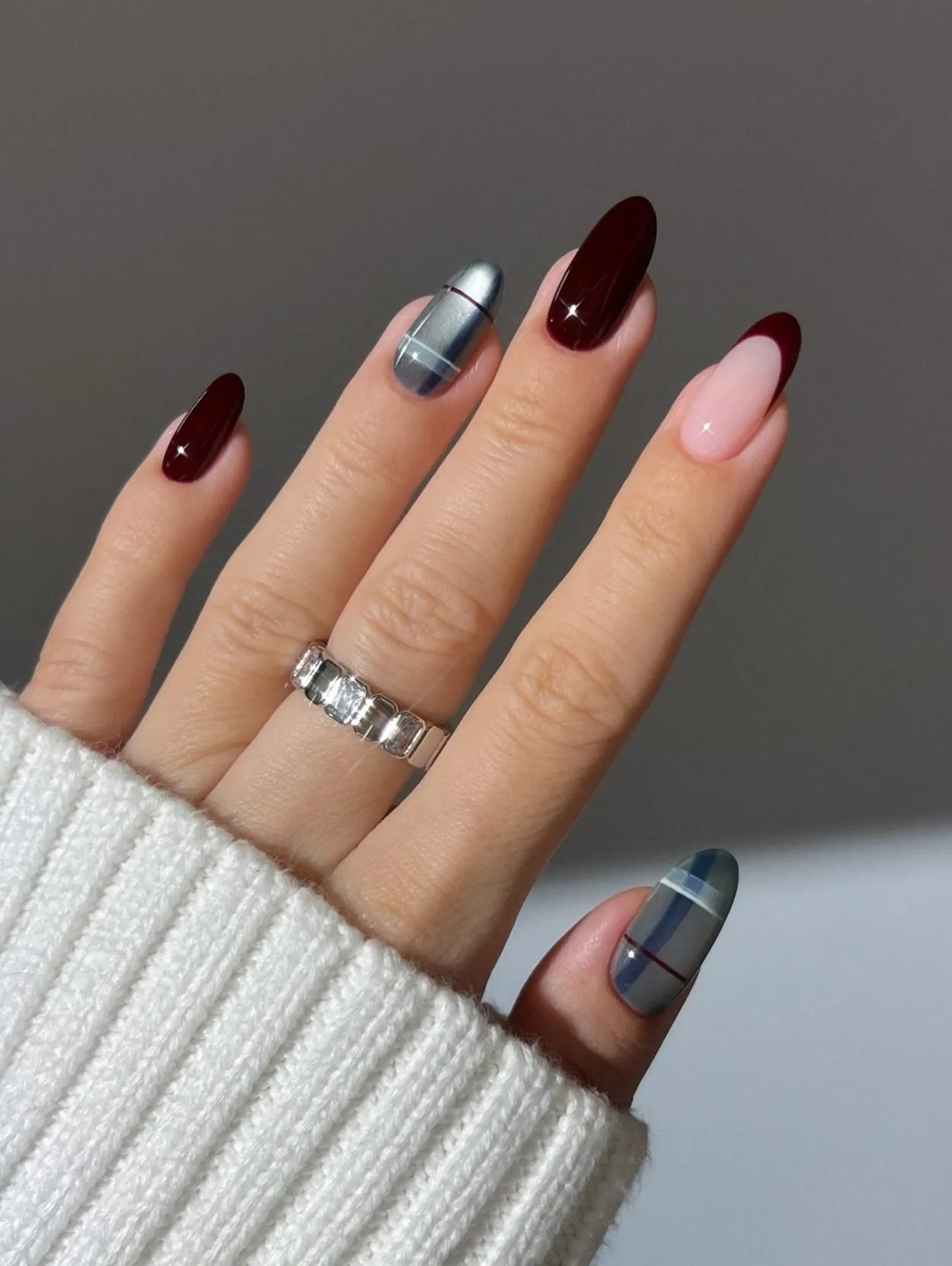 Burgundy and Plaid French Tips Burgundy and Plaid French Tips — Winter Almond Nails