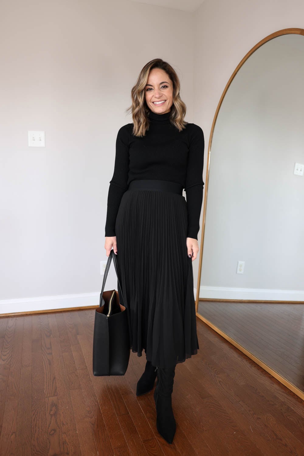 Black Turtleneck and Pleated Midi Skirt — Winter Outfits for Petite Women