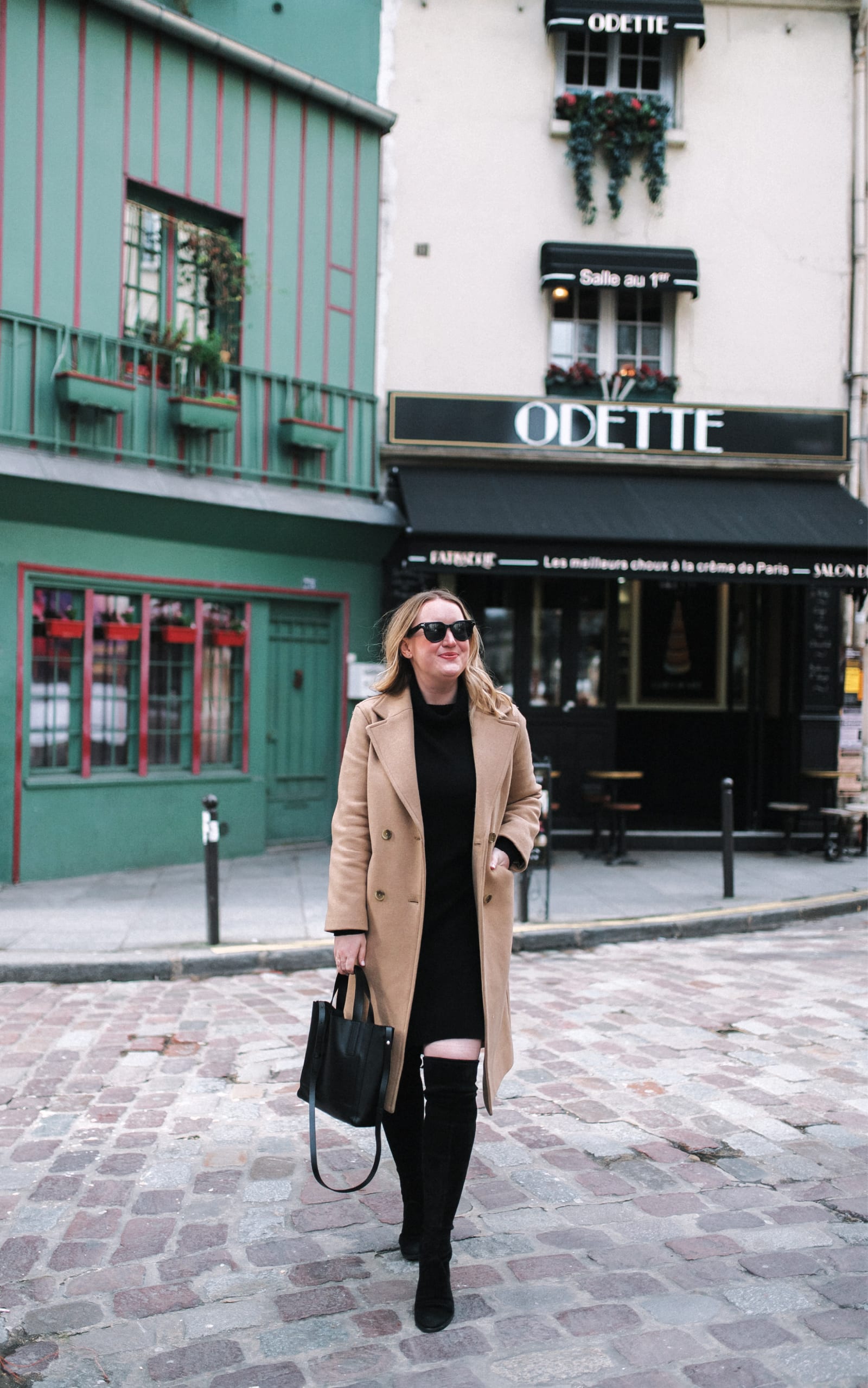 Camel Wool Coat Over Black Dress and Over-the-Knee Boots Camel Wool Coat Over Black Dress and Over-the-Knee Boots — December Outfits