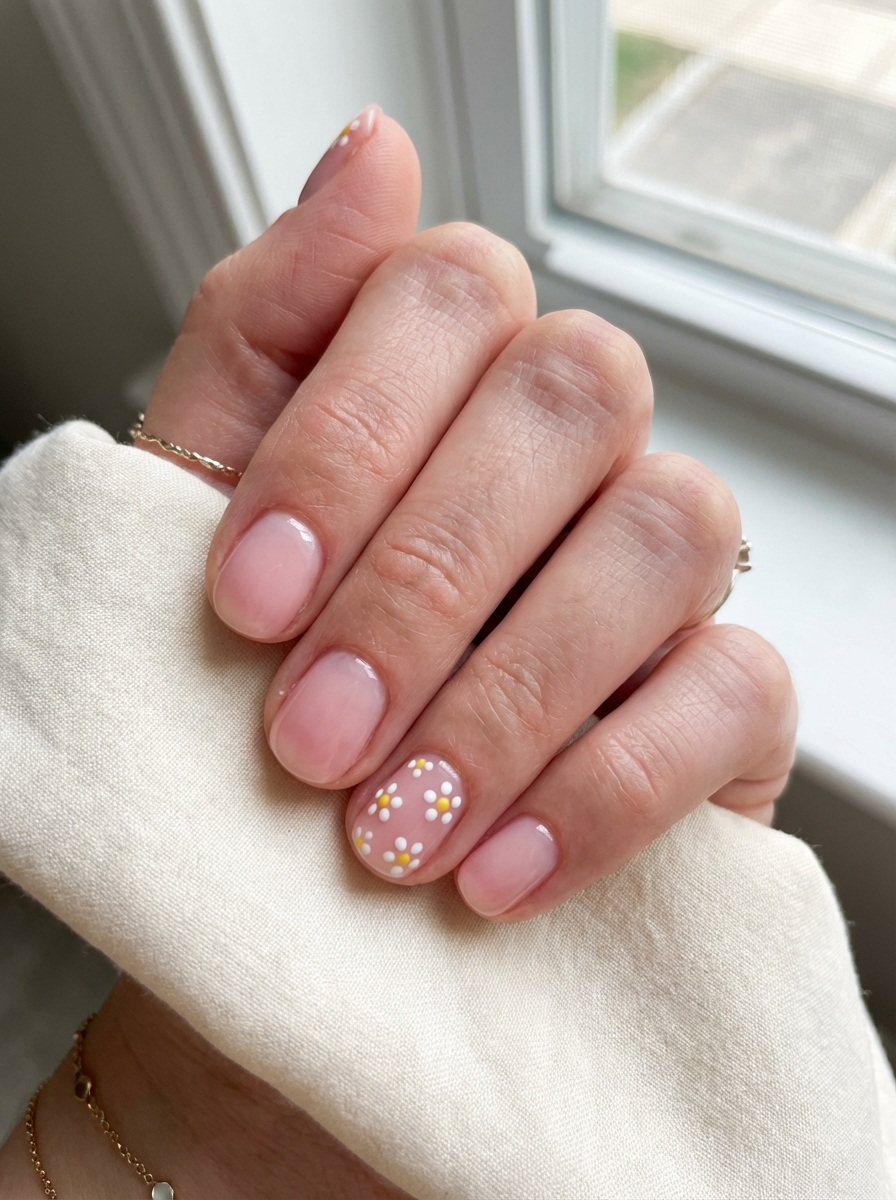 Sheer Pink with Delicate White Flower Accent Sheer Pink with Delicate White Flower Accent — Short Nail Designs