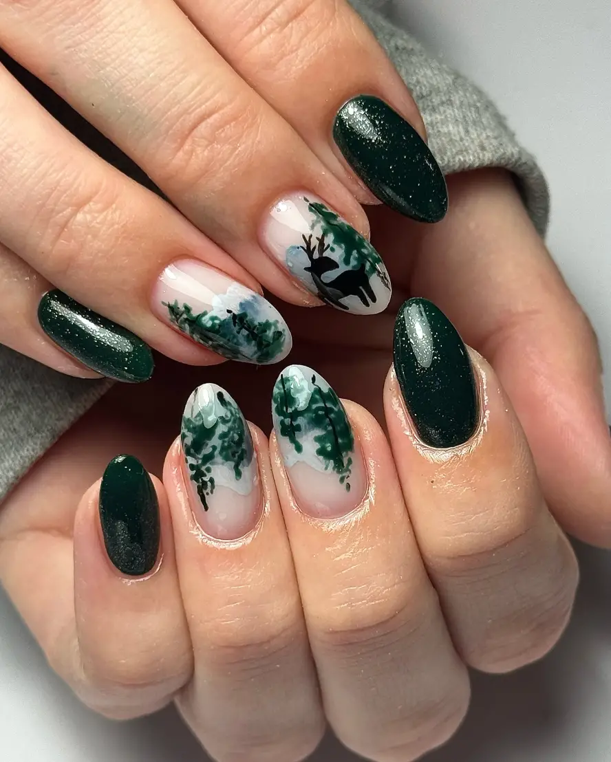 Forest Green Nails with Forest Scene Art Forest Green Nails with Forest Scene Art — Winter Nail Colors for Women Over 40