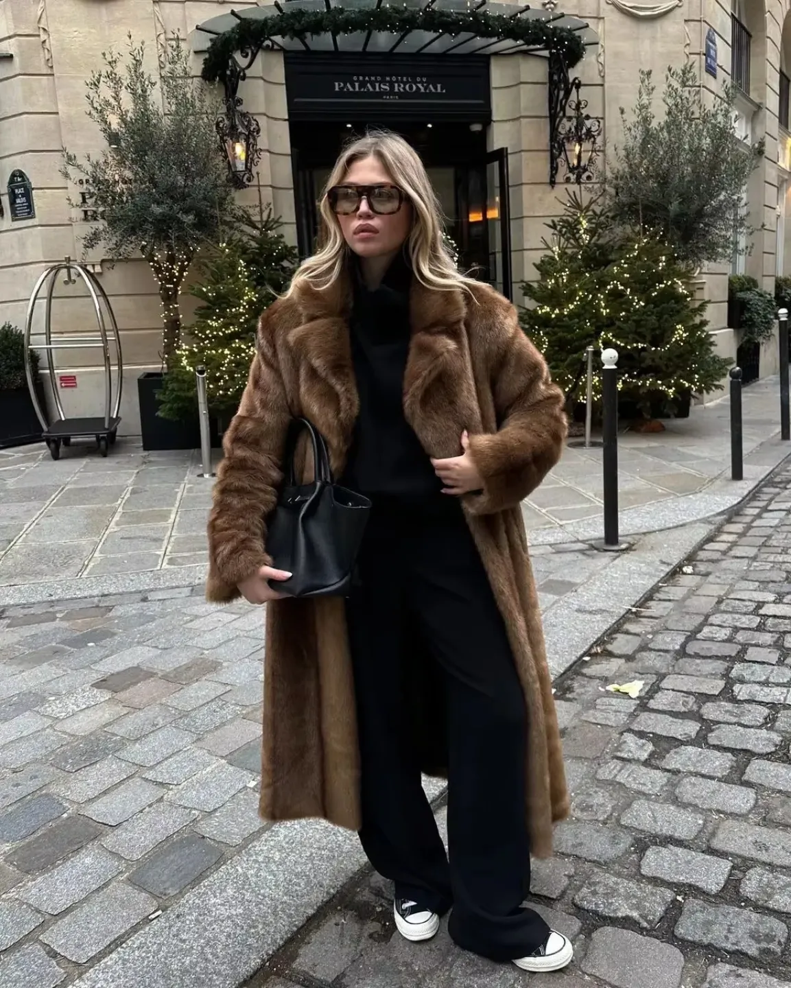Long Brown Faux Fur Coat with Sneakers for City Chic — Classy Winter Outfits