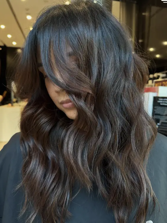 Mid-Back Blowout With Curtain Bangs — Dark Chocolate Brown Hair