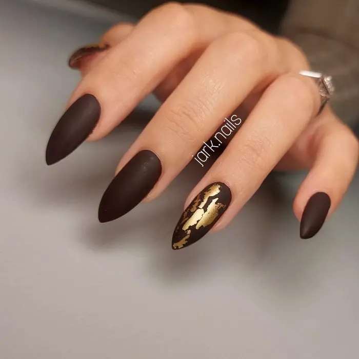 Long Stiletto Dark Brown With Gold Foil Long Stiletto Dark Brown With Gold Foil — Winter Matte Nails