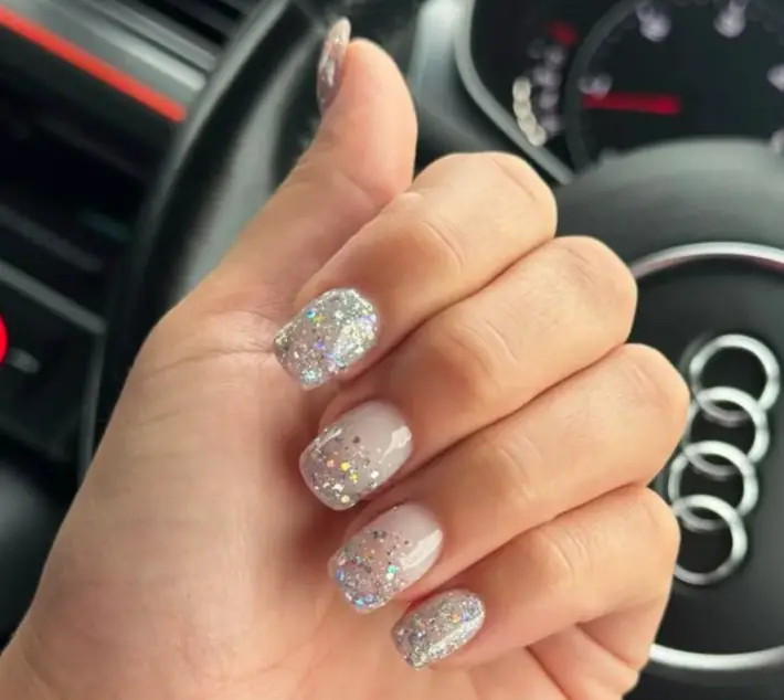 Sheer Pink with Dense Glitter Accents Sheer Pink with Dense Glitter Accents — Short Winter Square Nails