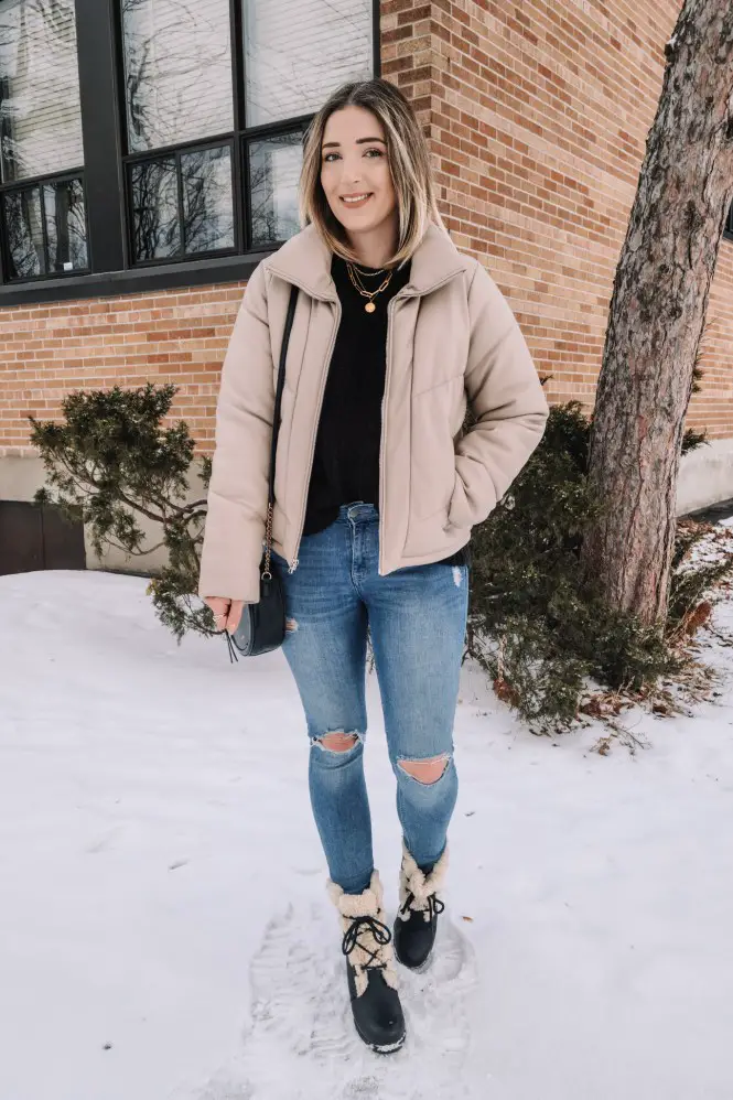 Beige Cropped Puffer Jacket with Fur-Trimmed Boots Beige Cropped Puffer Jacket with Fur-Trimmed Boots — Winter Coats for Women