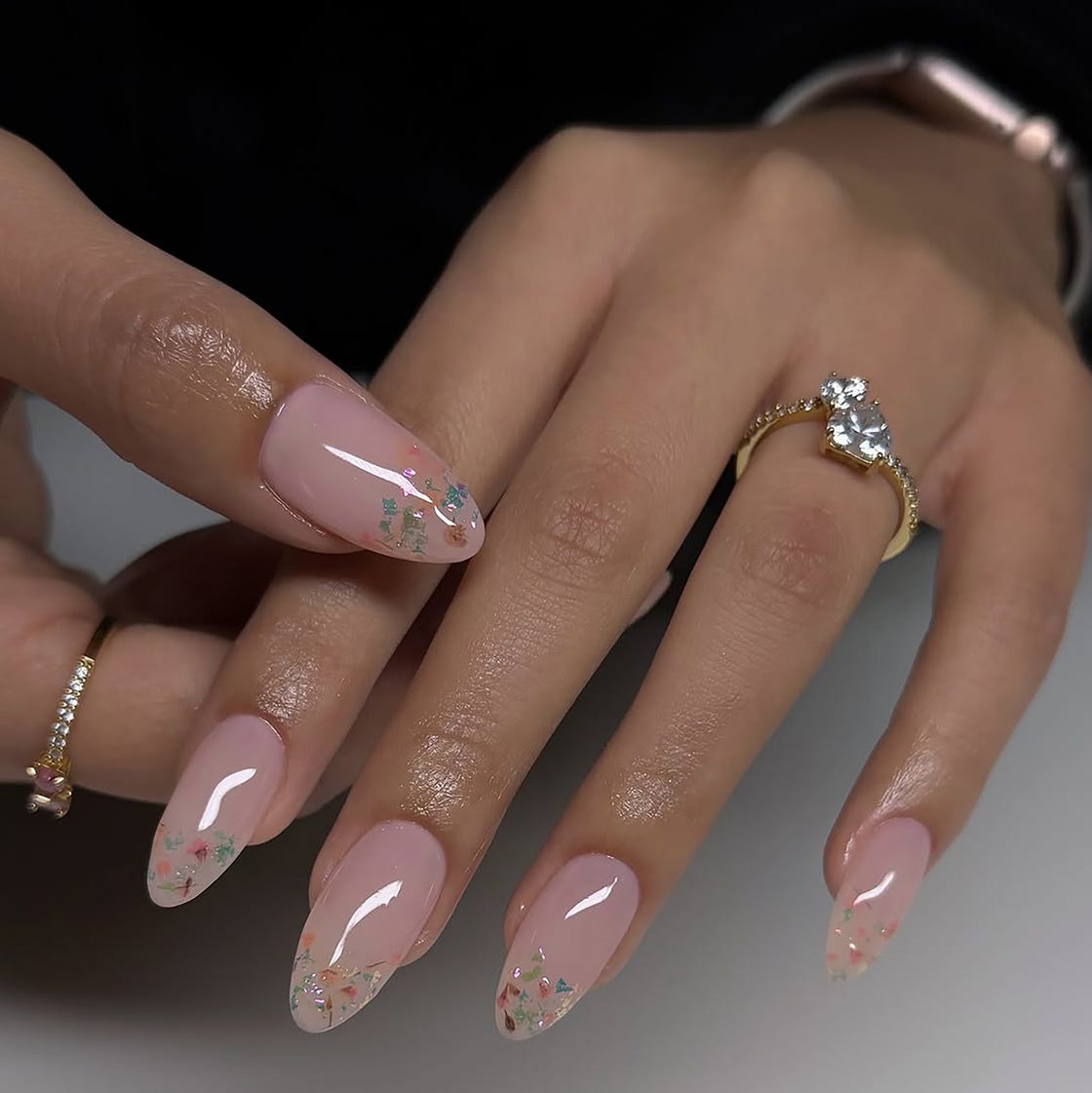 Floral Glitter Tip Almonds Floral Glitter Tip Almonds — Trendy Almond Nail Designs