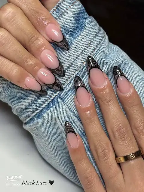 Black Lace Cuticle French Stiletto Nails — Lace Nails