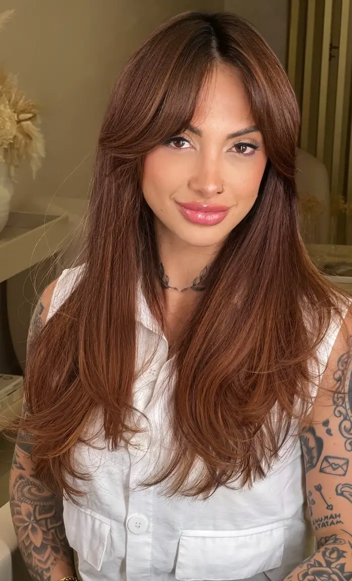 Mid-Back Cinnamon Brown With Curtain Bangs — Cinnamon Brown Hair