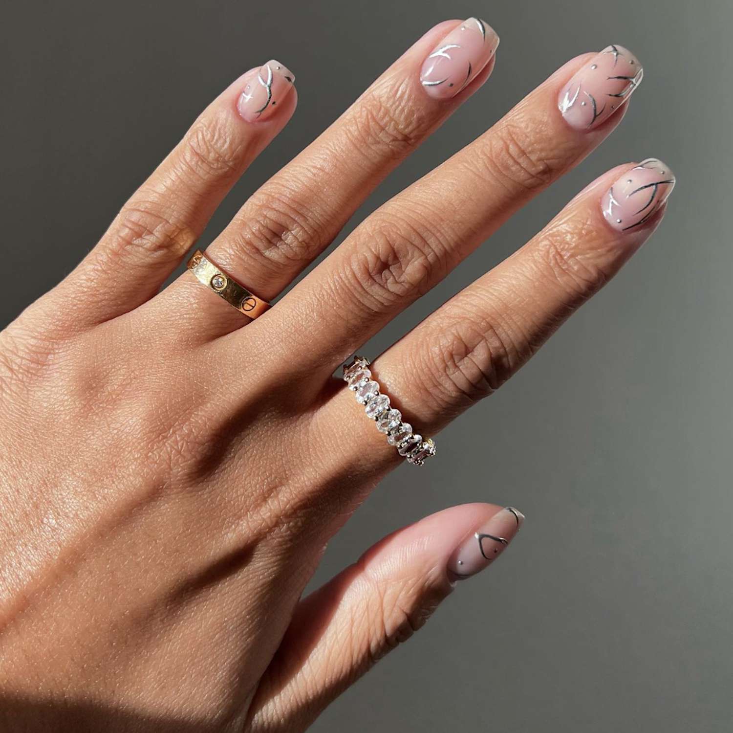 Abstract Silver Lines Long Almond Base Silver Chrome French Tips — Silver Chrome Nails
