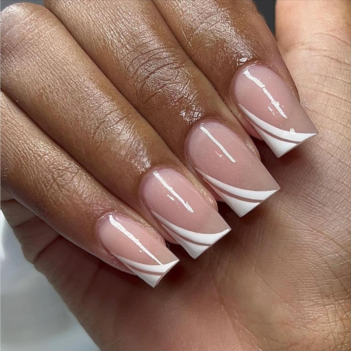 Short Square Curved French Tips with White Lines Short Square Curved French Tips with White Lines — Trendy Simple Nail Designs