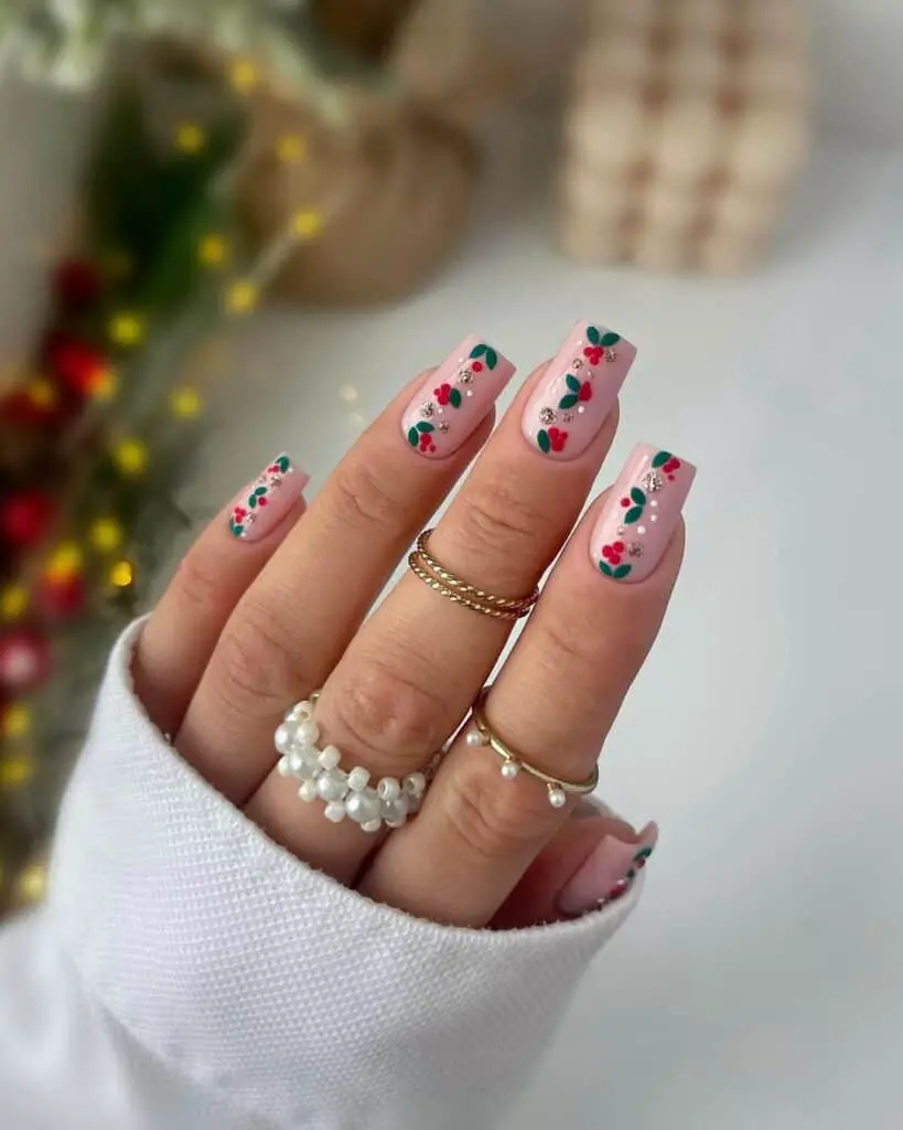 Pale Pink Square Holly Berry Motif — Winter Nail Art