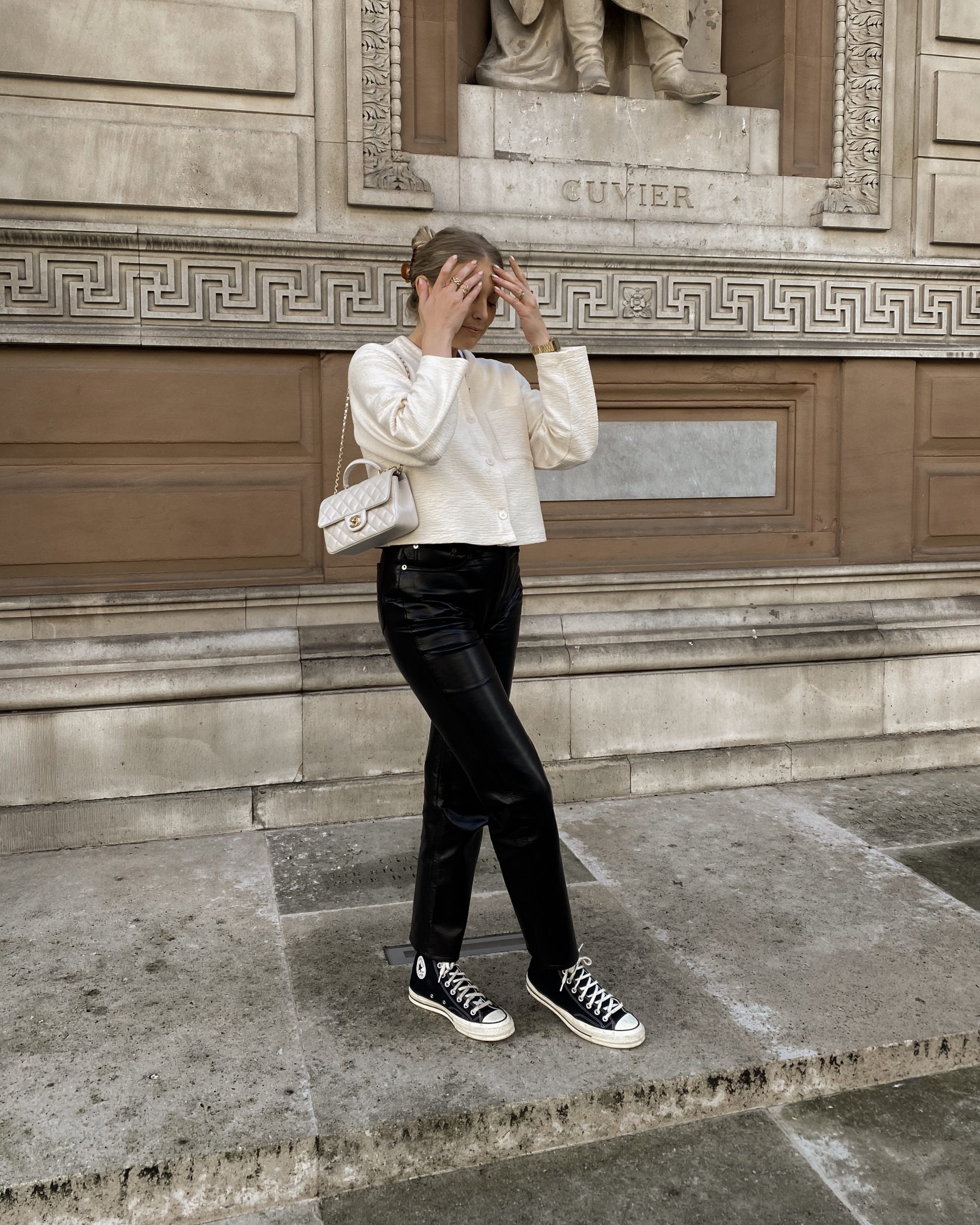 Black High-Top Sneakers Casual Chic Black Leather Pants with Textured Jacket — Leather Pants Outfits