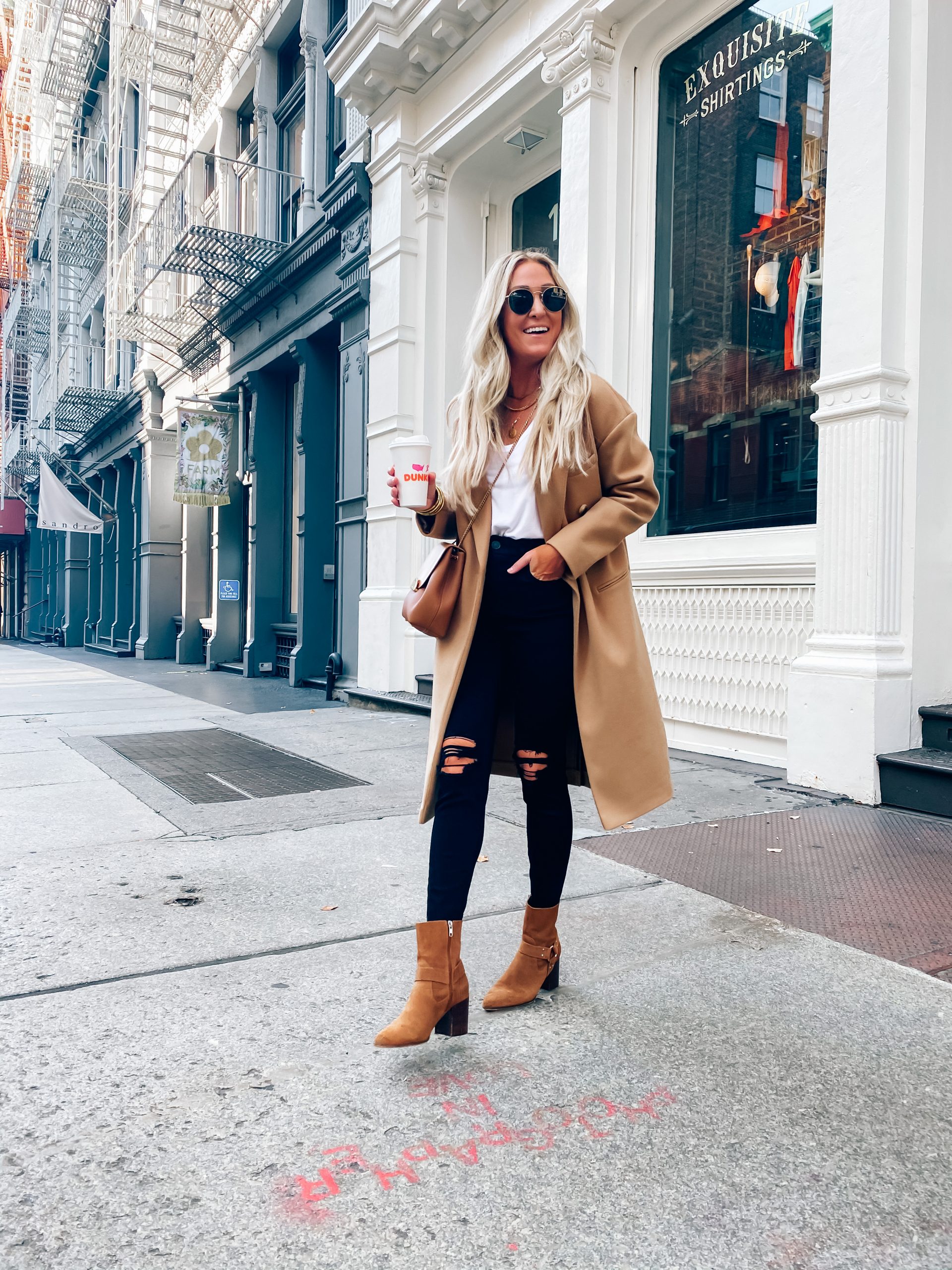 Street Style: Camel Coat with Ripped Jeans and Ankle Boots Street Style: Camel Coat with Ripped Jeans and Ankle Boots — Camel Coat Outfits