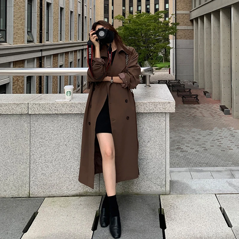 Casual Brown Trench Coat with Mini Skirt and Ankle Boots — Long Coat Outfits