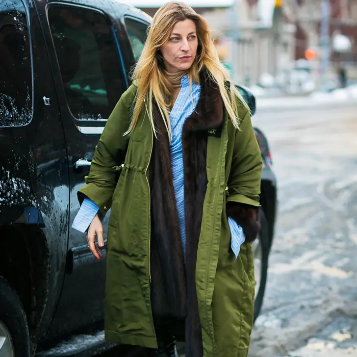 Green Parka with Faux Fur Vest and Striped Shirt Green Parka with Faux Fur Vest and Striped Shirt — Parka Outfits