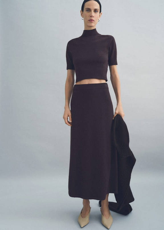 Deep Brown Knit Midi Skirt and Top Set — Chocolate Brown Outfits