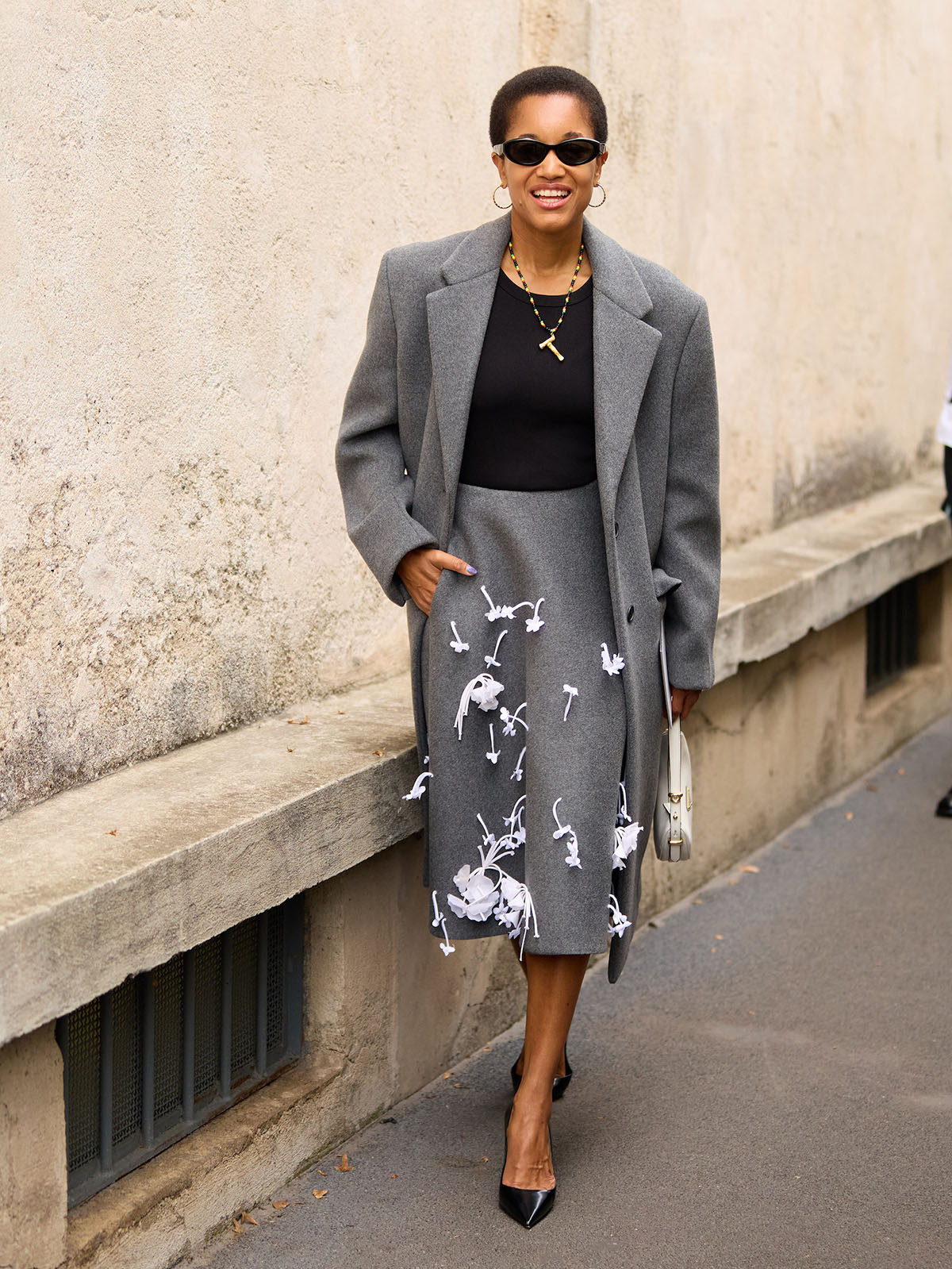 Oversized Grey Wool Coat with Embroidered Skirt — Italy Winter Outfits