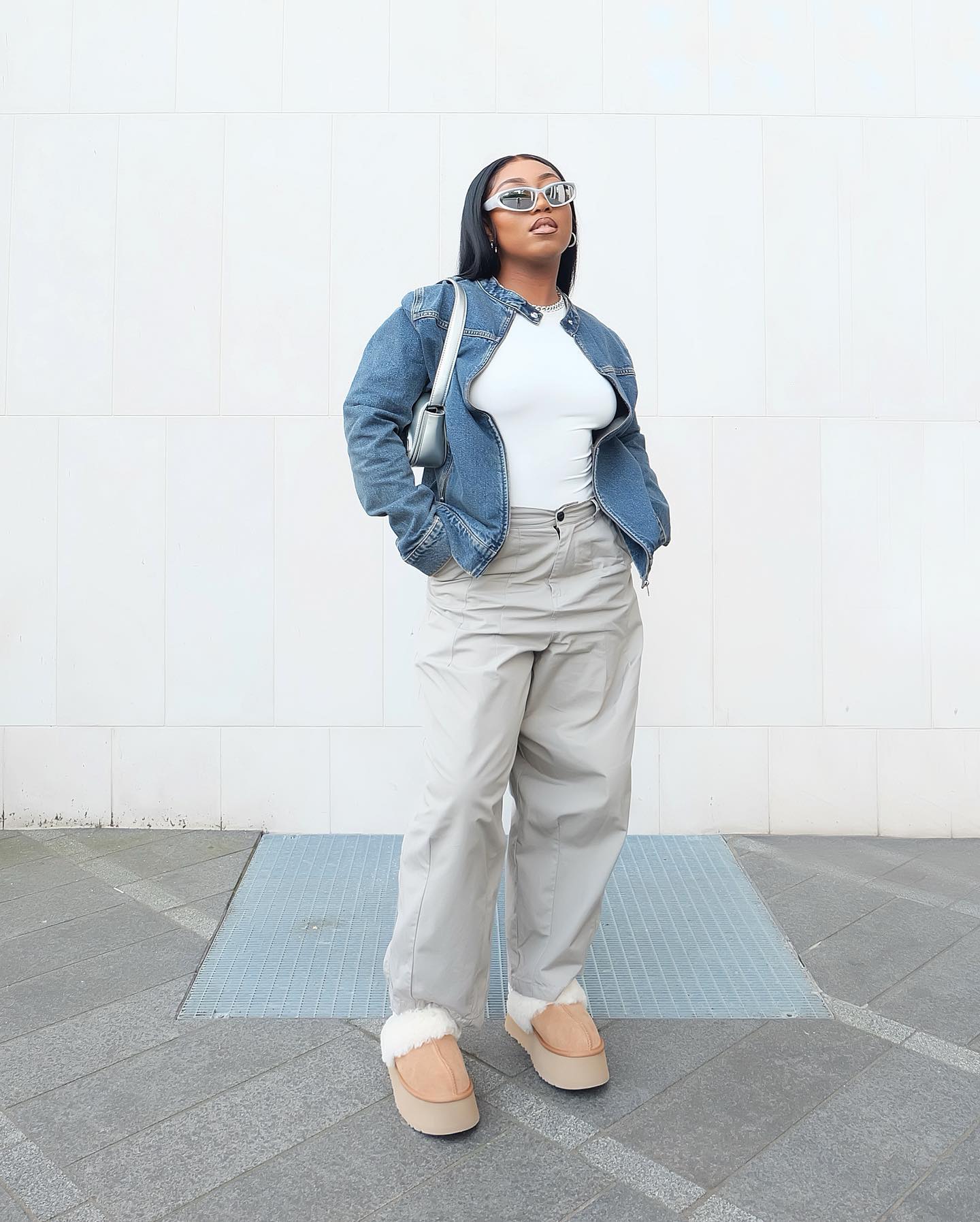 Utilitarian Cool: Platform Uggs with Cargo Pants and Denim Jacket Utilitarian Cool: Platform Uggs with Cargo Pants and Denim Jacket — Ugg Slippers Outfits