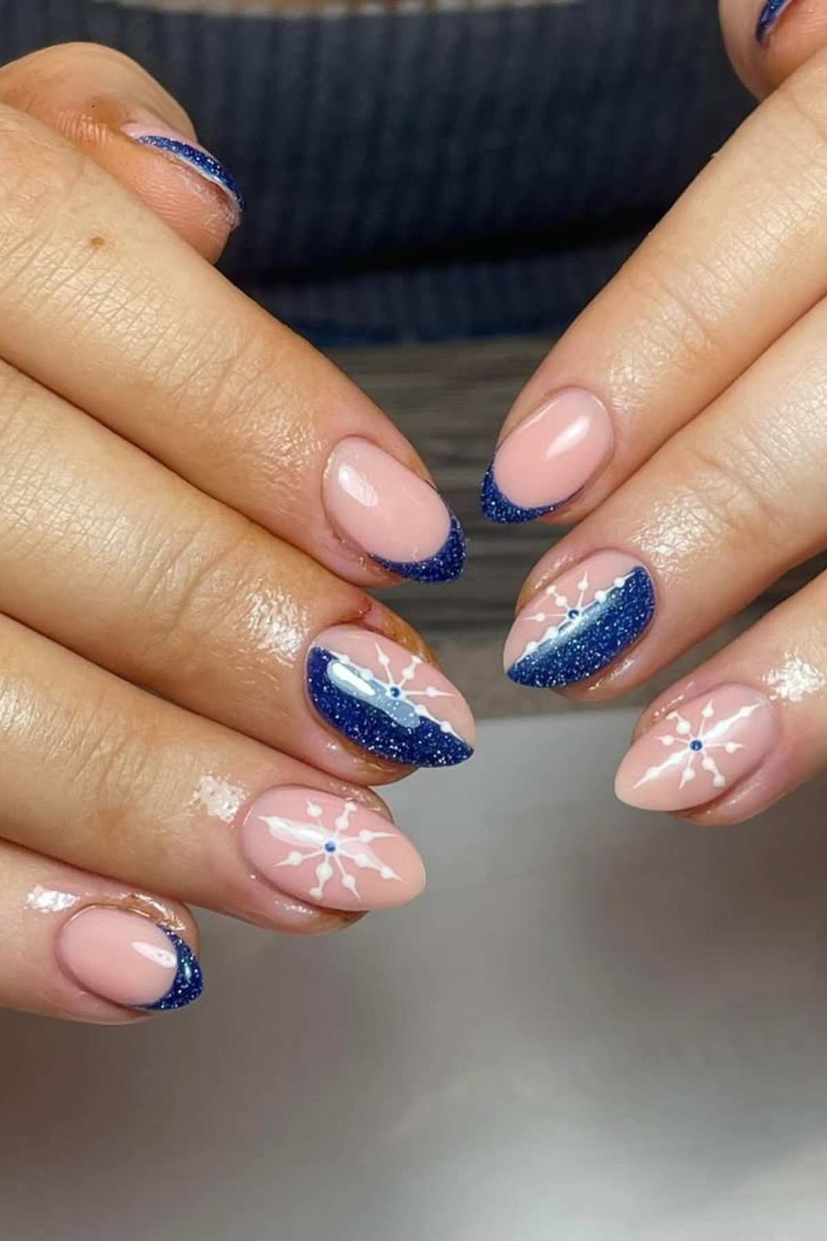 Nude Pink Glitter French Tips Nude Pink Glitter French Tips — Short Winter Gel Nails