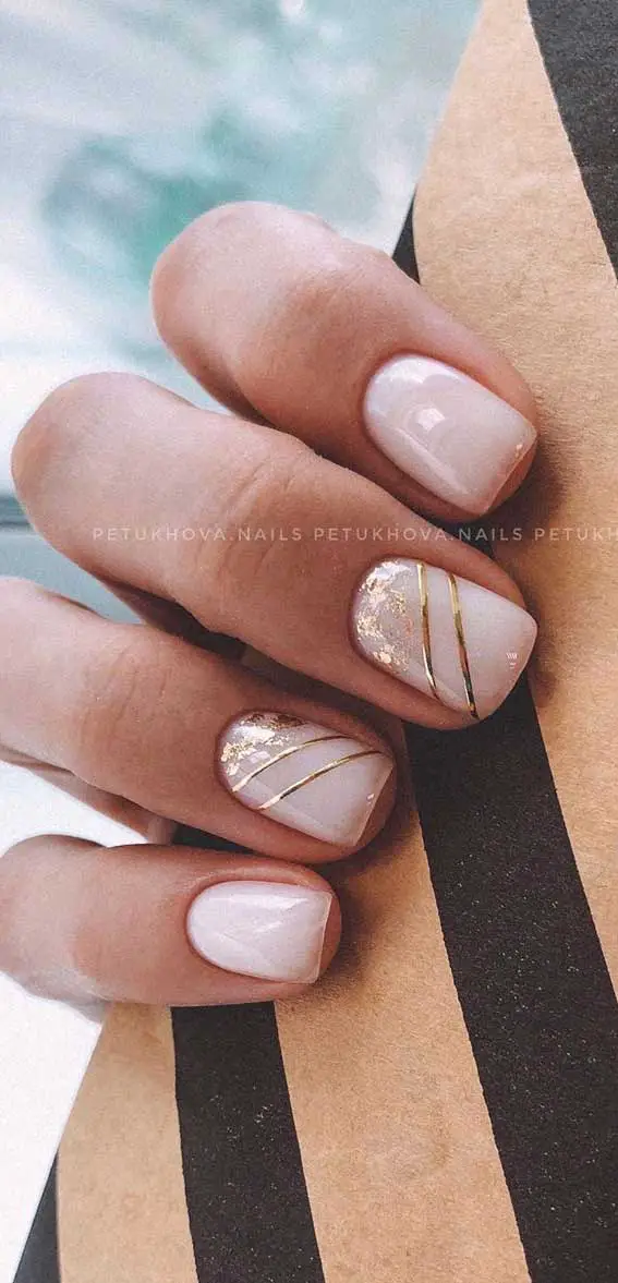 Short Square Pale Pink Gold Accents — Simple Nail Designs