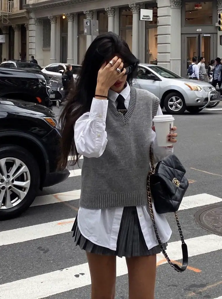 Grey Sweater Vest Over Button-Down Shirt with Pleated Skirt Grey Sweater Vest Over Button-Down Shirt with Pleated Skirt — Sweater Outfits