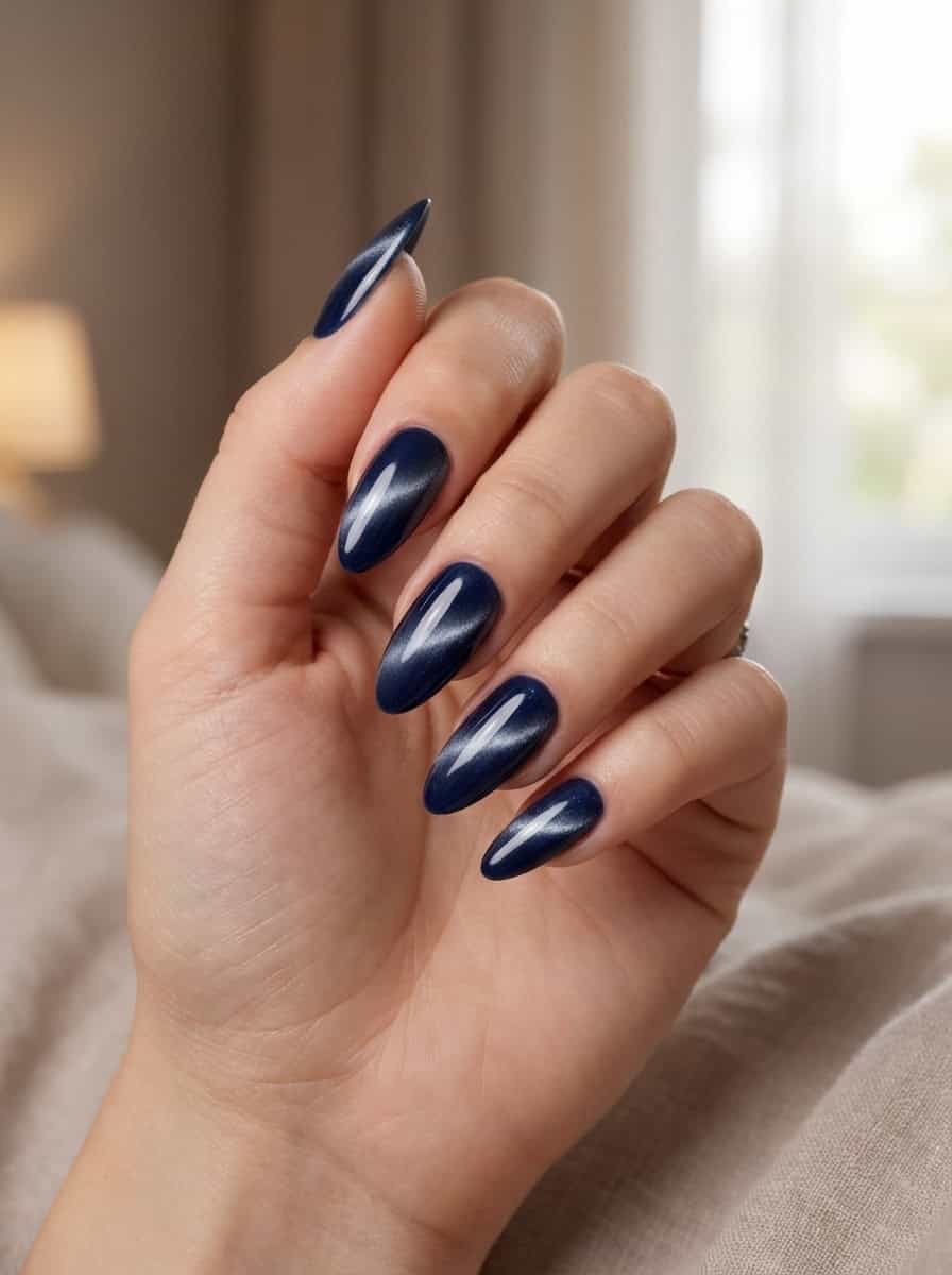 Navy Blue Cat-Eye Almonds Navy Blue Cat-Eye Almonds — Almond Nail Designs