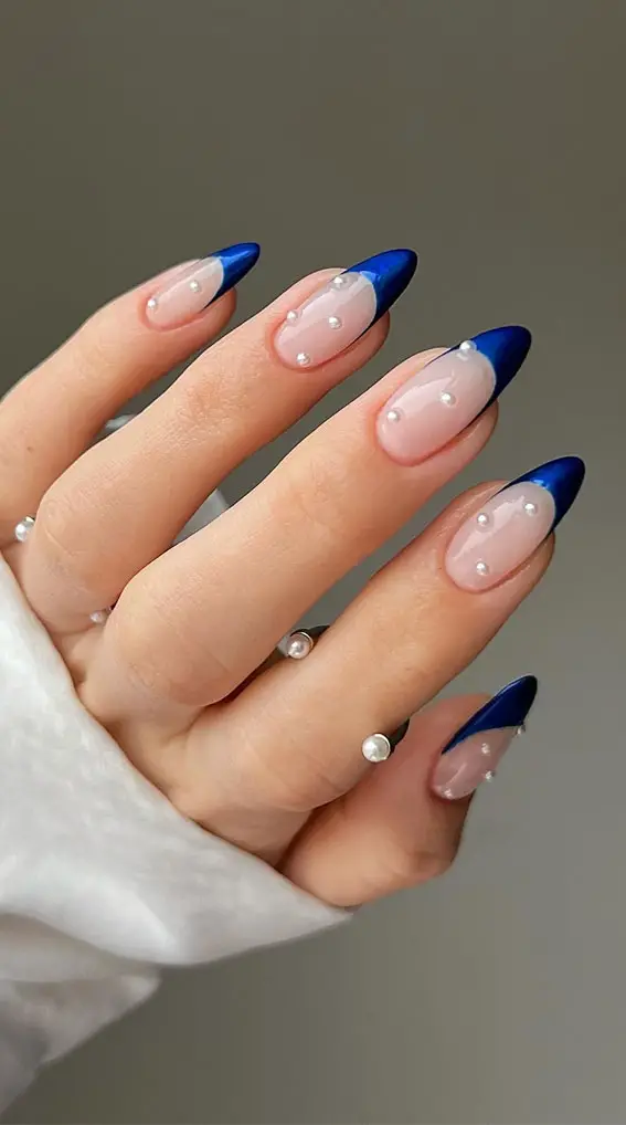 Pearls On Cuticle Area And French Tip Visual Idea Pearls On Cuticle Area And French Tip Visual Idea — Blue Nail Inspo