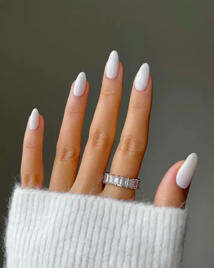 Perfectly Shaped Glossy White Almond Nails Perfectly Shaped Glossy White Almond Nails — Winter White Nails