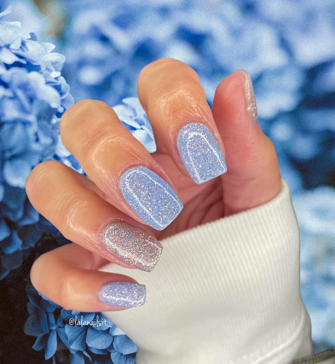 Light Blue Silver Glitter Short Square — Winter Dip Powder Nails