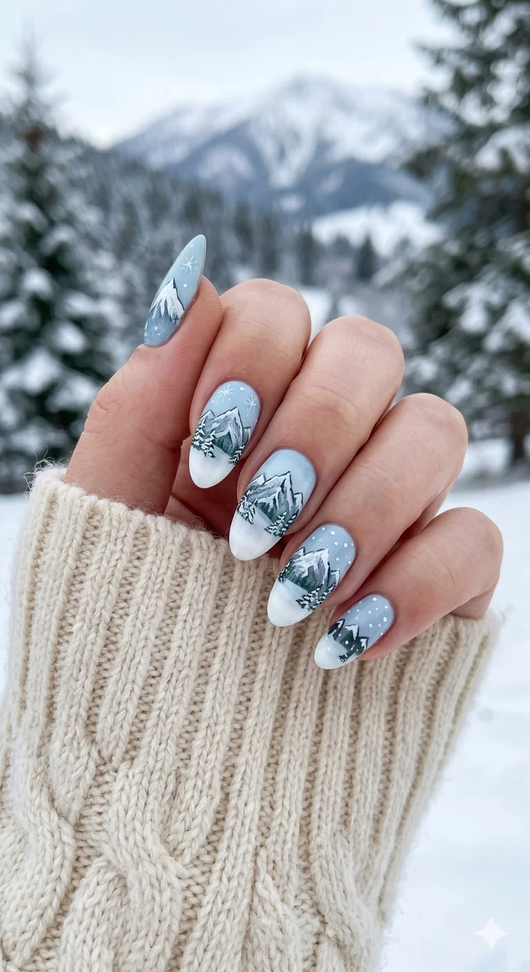 Winter Landscape Almond Art Winter Landscape Almond Art — Natural Winter Nails
