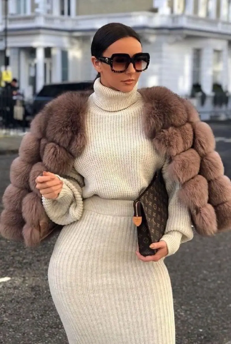 Taupe Fur Jacket Over Cream Knit Dress — Classy Winter Outfits