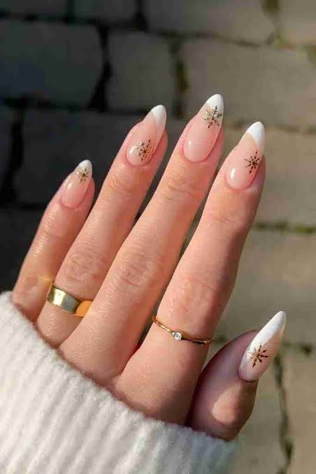 Nude French Gold Snowflake Decal Nails — Everyday Winter Nails