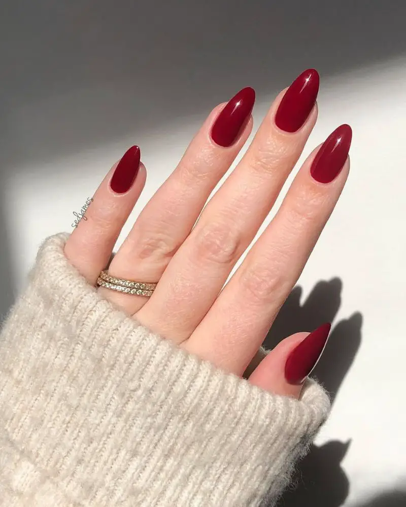 Glossy Vibrant Cherry Red Long Almond Nails — Cherry Red Nails