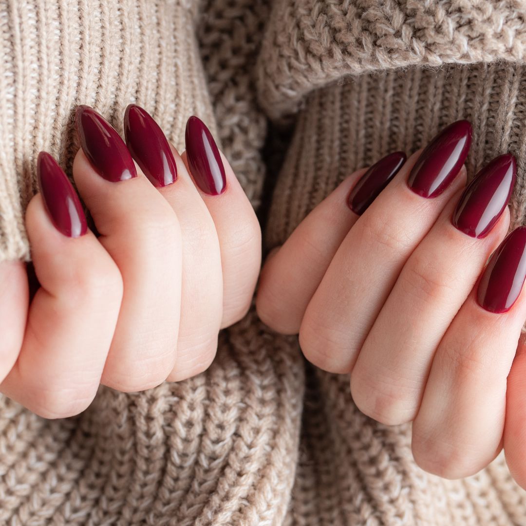 Deep Oxblood Red Glossy Both Hands Nails Deep Oxblood Red Glossy Both Hands Nails — Winter Nail Colors for Pale Skin