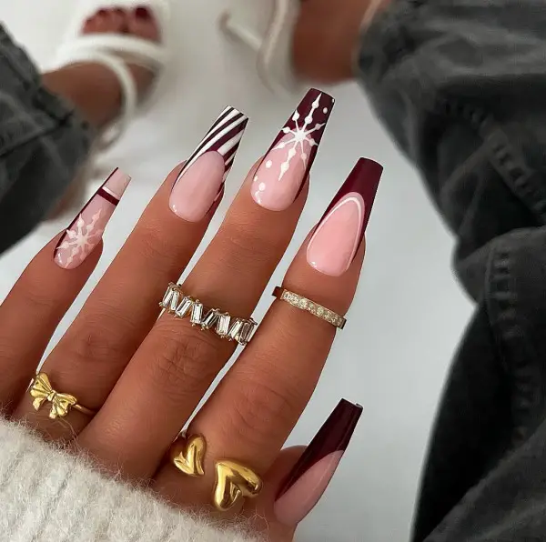 Burgundy French Snowflake Coffin Nails Burgundy French Snowflake Coffin Nails — Winter Acrylic Nails