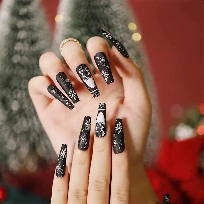 Extra Long Matte Black with Reindeer Decals — Winter Nail Art