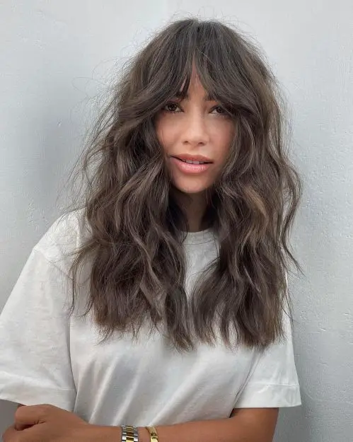 Layered Dark Brown with Full Bangs Layered Dark Brown with Full Bangs — Winter Haircuts for Long Faces