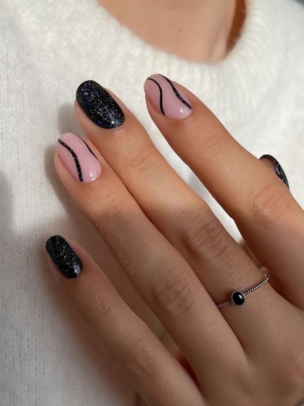 Pale Pink with Black Line Accents & Glitter — January Nails