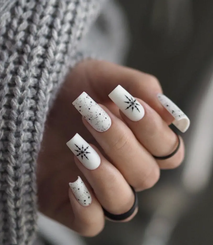 Matte White Starburst Dot Nails Matte White Starburst Dot Nails — Winter Coffin Nails
